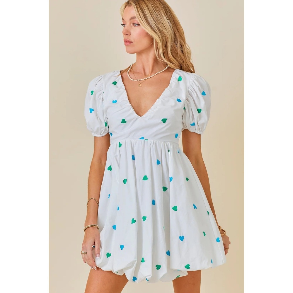 Day + Moon White Heart Embroidered Puff Sleeve Bubble Hem Mini Dress Medium NWT